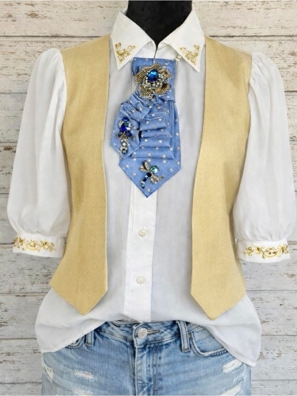 OOAK Custom Made Handsewn Necktie Necklace Multiple Brooch Jewel embellishments